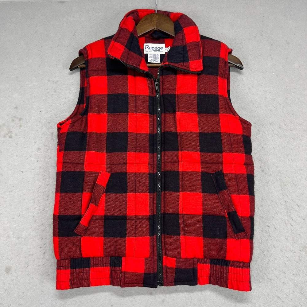 Vintage 90s Buffalo Plaid Puffer Vest Mens Small Red Black Quilted Zip Up‎ Cabin